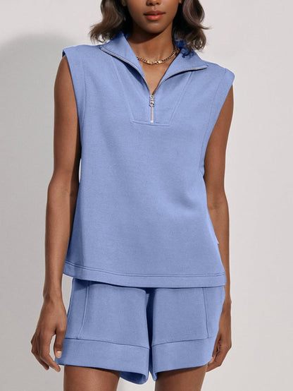 Women's Summer Half Zip Sleeveless Two-Piece Shorts Set