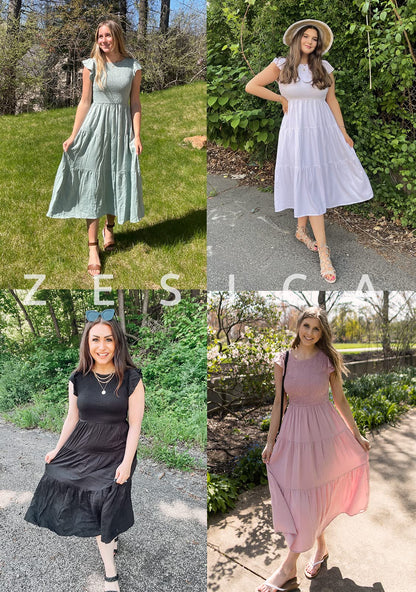 Women's Summer Casual Flutter Short Sleeve Smocked  Midi Dress