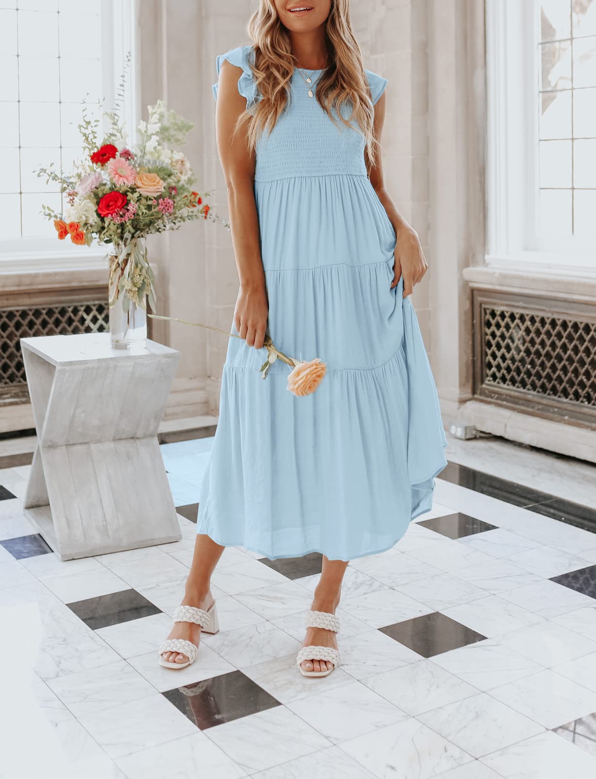 Women's Summer Casual Flutter Short Sleeve Smocked  Midi Dress