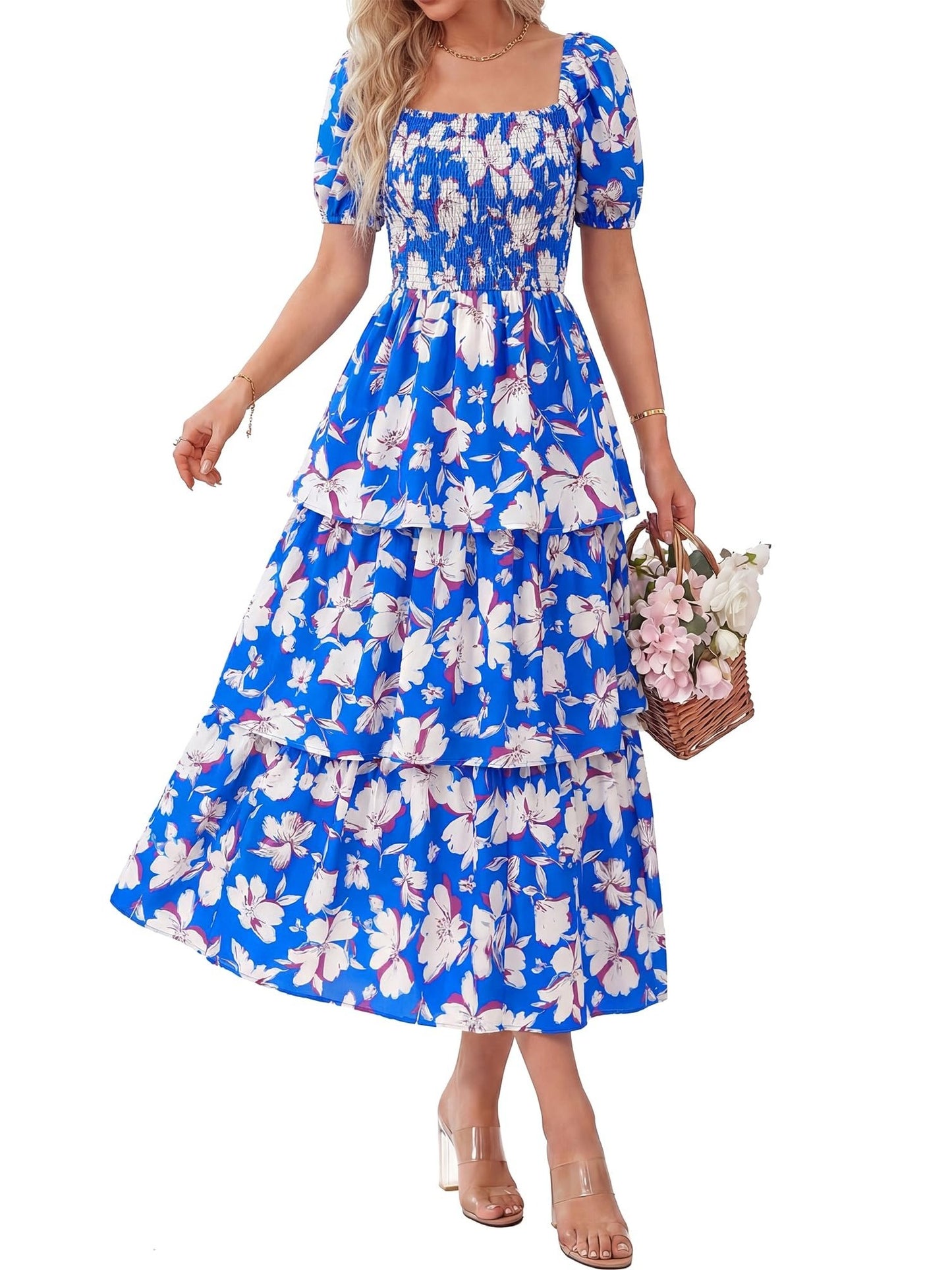 Women's Vacation Style Floral Print Square Neck Dress