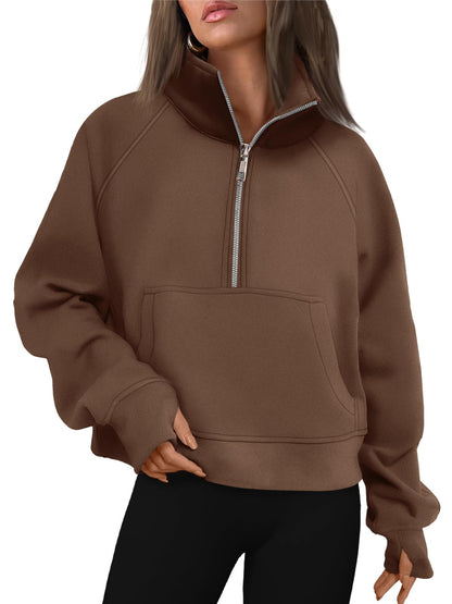 Women's Half Zip Cropped Sweatshirt With Thumb Holes