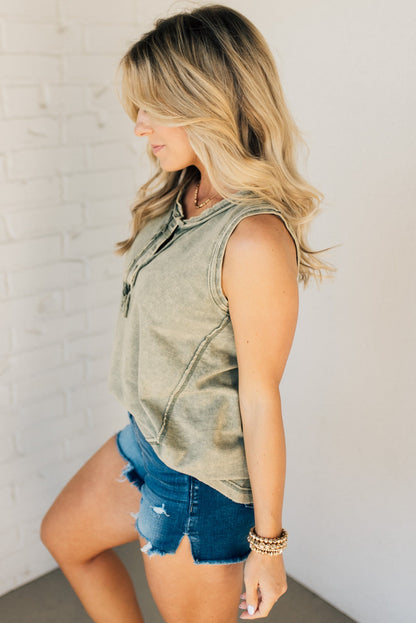 Women's Button Mix Washed Henley Tank