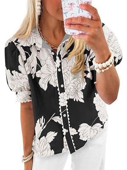 Women's Puff Sleeve Floral Print Button Down Shirts