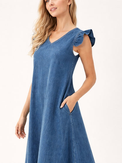 Women's Ruffle Sleeveless V-Neck Denim Maxi Dress
