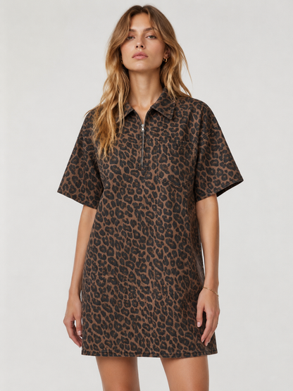 Women's Leopard Print Half-Zip Polo Dress