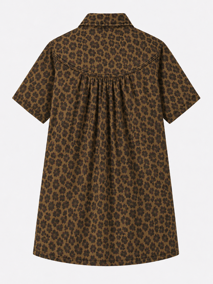 Leopard Print Half-Button Down Tunic Dress with Pocket