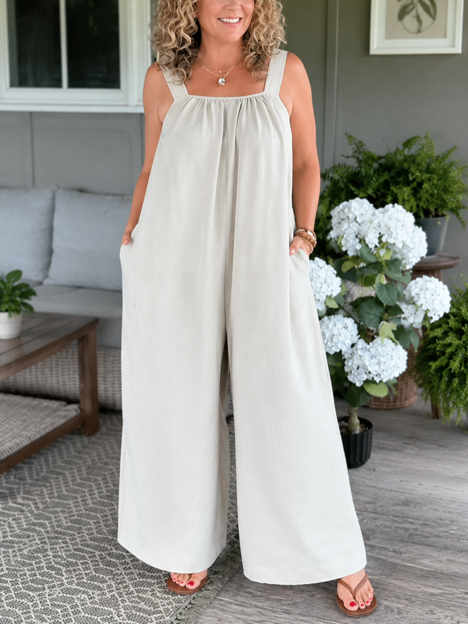 Women's Linen Square Neck Wide Leg Jumpsuit