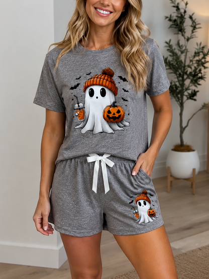 Women's Halloween Ghost Print 2 Piece Pajama Set