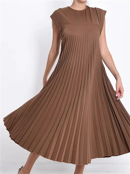 Women's Cap Sleeve Pleated Flowy Maxi Dress