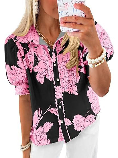 Women's Puff Sleeve Floral Print Button Down Shirts