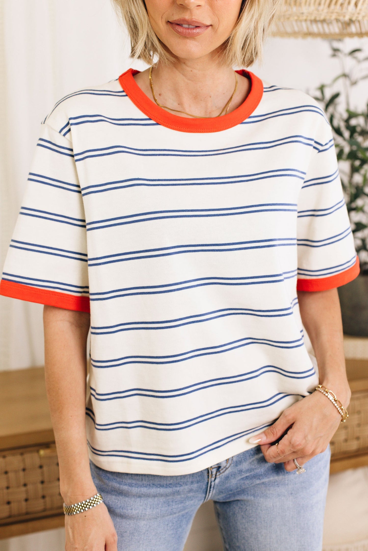 Women's Color Block Short Sleeve Striped T Shirt