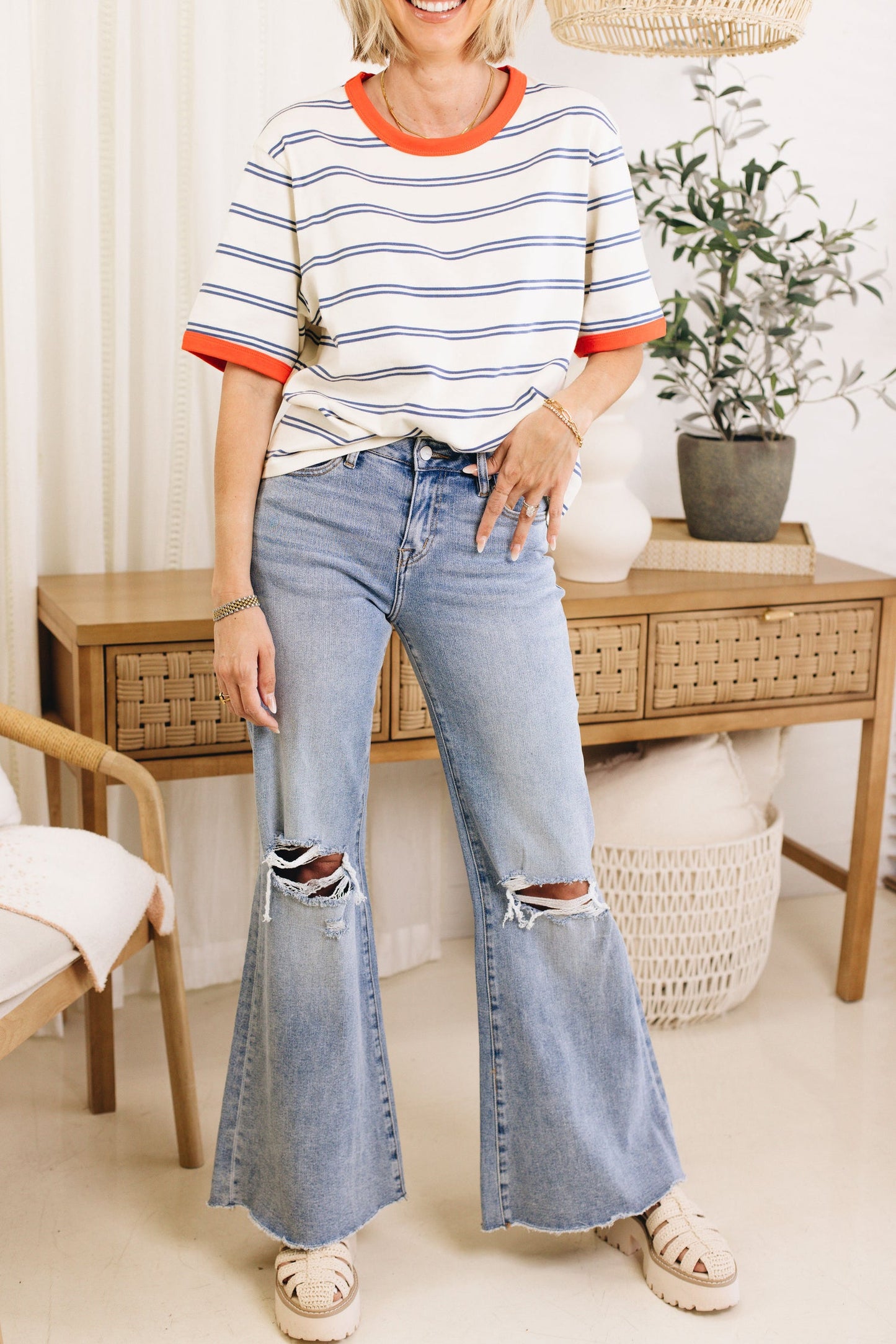 Women's Color Block Short Sleeve Striped T Shirt