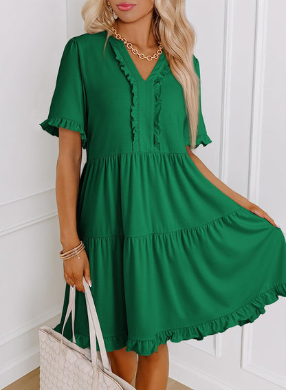 Women's V Neck Short Sleeve Casual A Line Flowy Swing Dress