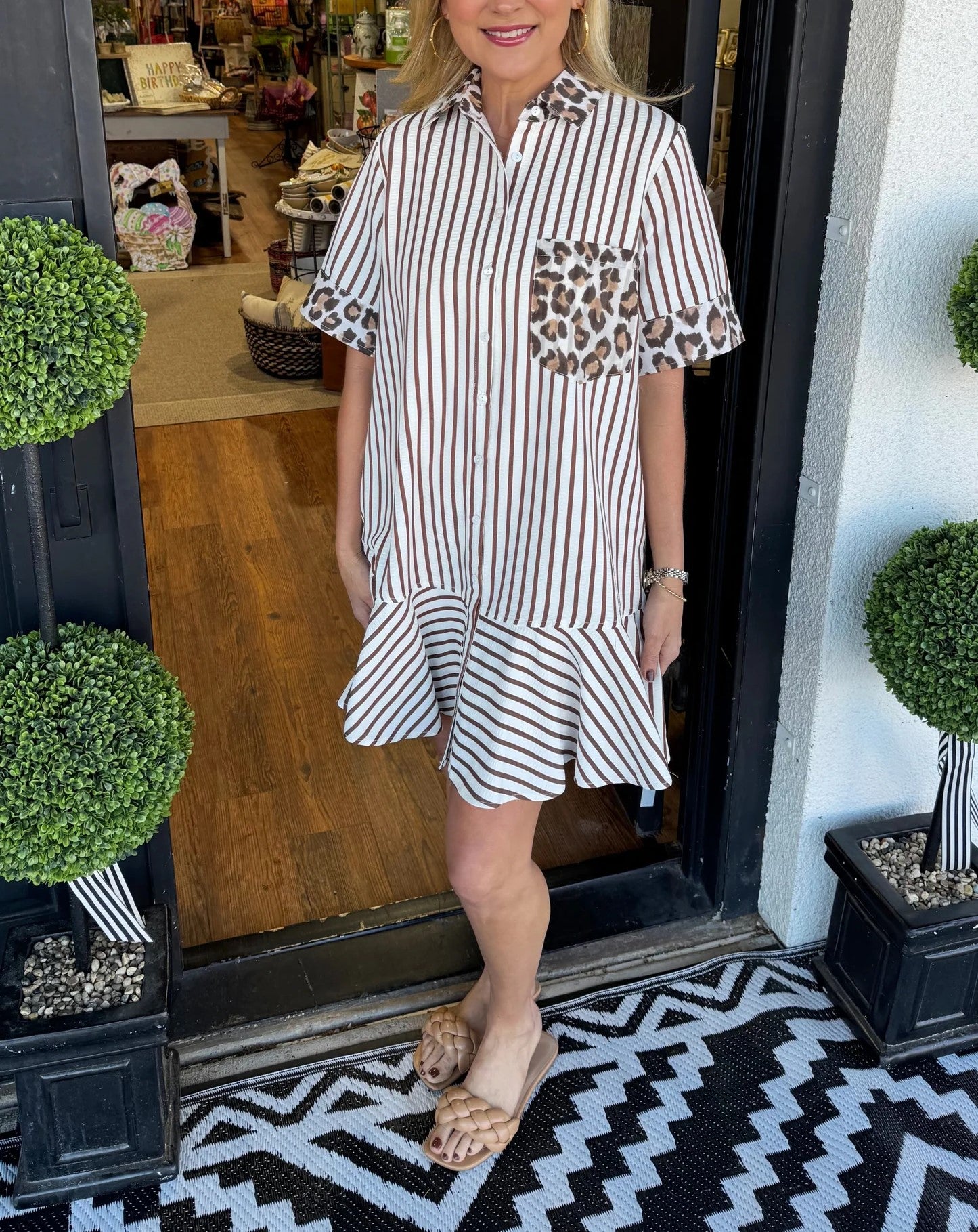 Women's Striped Animal Print Contrast Button Down Dress