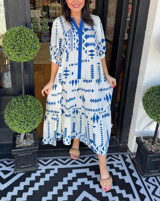 Women's Button V Neck Geometric Print Dress