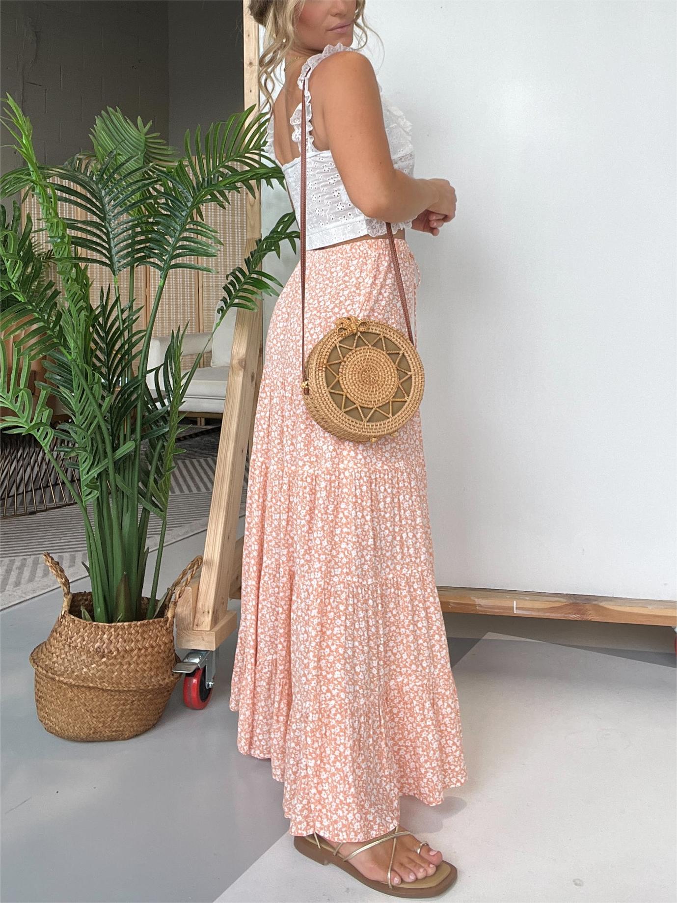 Ditsy Mini Cut Out Top and Floral Printed Maxi Skirt Set