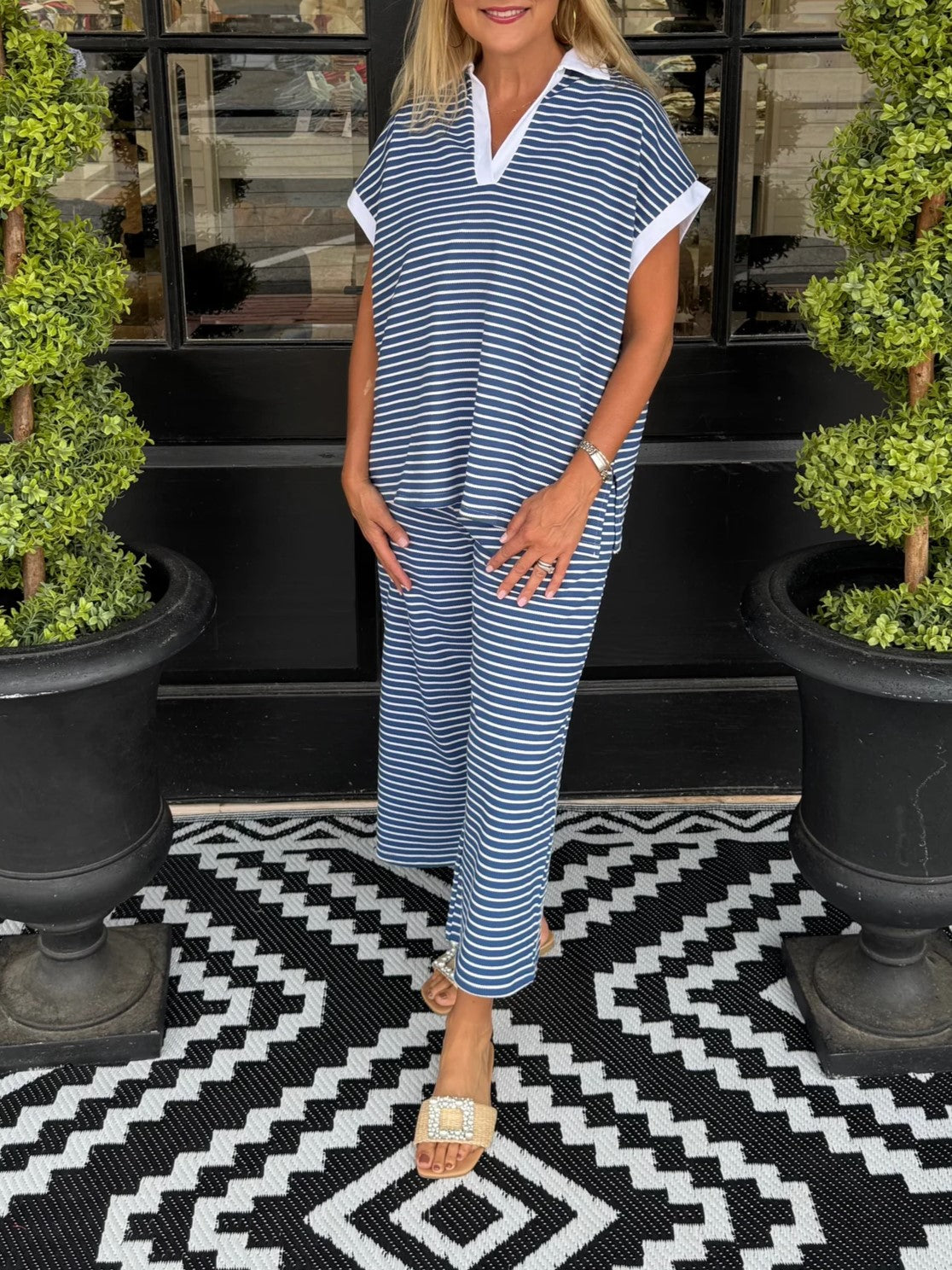 Women's Stripe Polo Loungewear Set