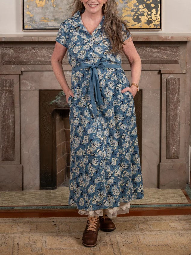 Women's Button-Down Belted Floral Pastoral Midi Dress