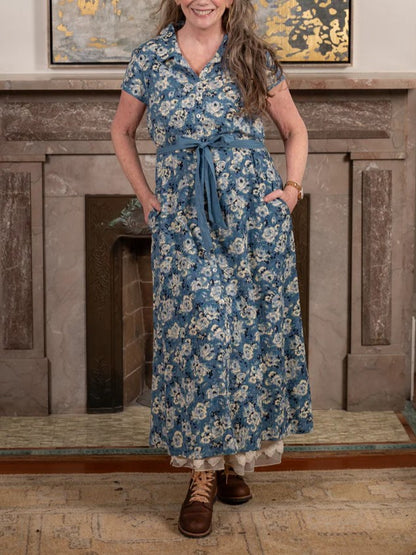 Women's Button-Down Belted Floral Pastoral Midi Dress