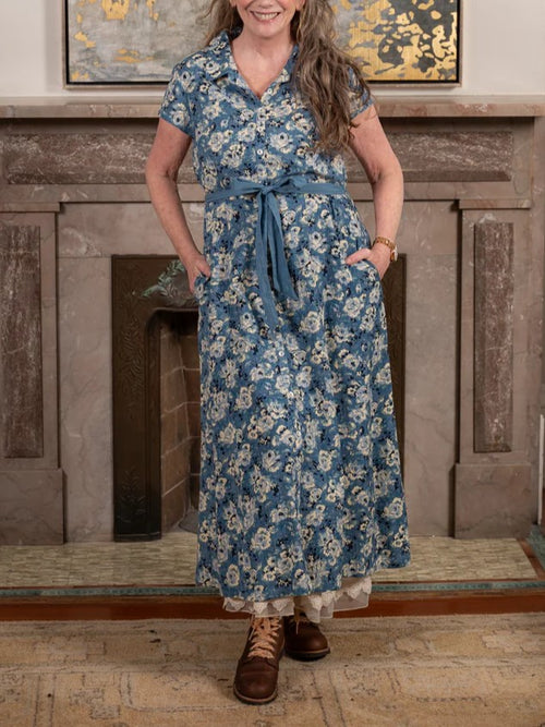 Women's Button-Down Belted Floral Pastoral Midi Dress