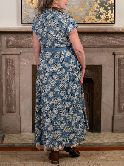 Women's Button-Down Belted Floral Pastoral Midi Dress