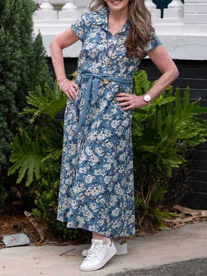 Women's Button-Down Belted Floral Pastoral Midi Dress