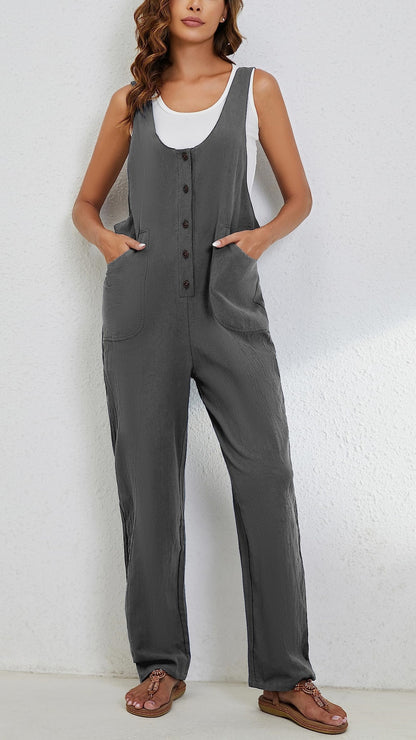 Women's Adjustable Straps Button Up Jumpsuit