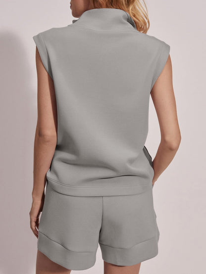Women's Summer Half Zip Sleeveless Two-Piece Shorts Set