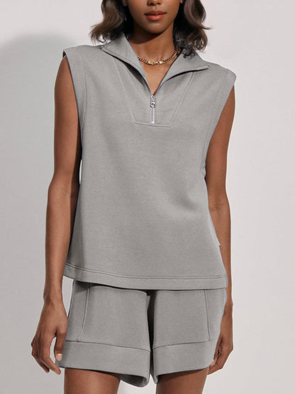 Women's Summer Half Zip Sleeveless Two-Piece Shorts Set