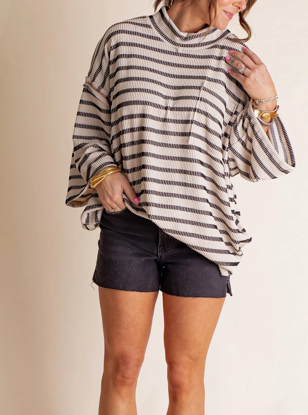 Women's Oversized High Neck Urban Ribbed Striped Top – Pinklaura™