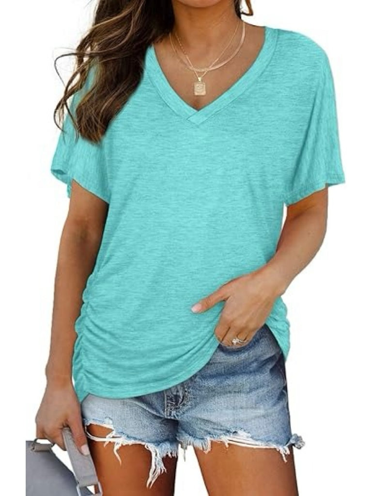 Women's Side Shirring Loose Fit V-Neck T-Shirt