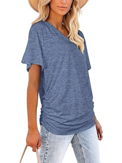 Women's Side Shirring Loose Fit V-Neck T-Shirt