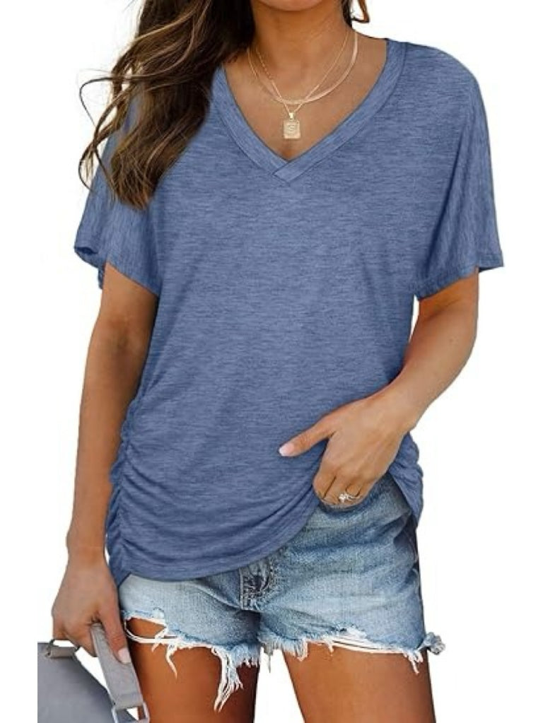 Women's Side Shirring Loose Fit V-Neck T-Shirt