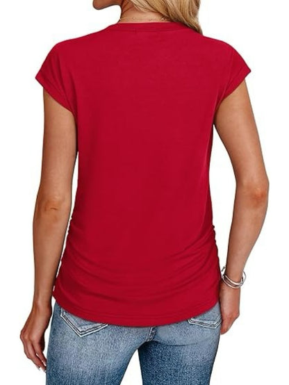 Women's Crew Neck Ruched Cap Sleeve T-Shirt