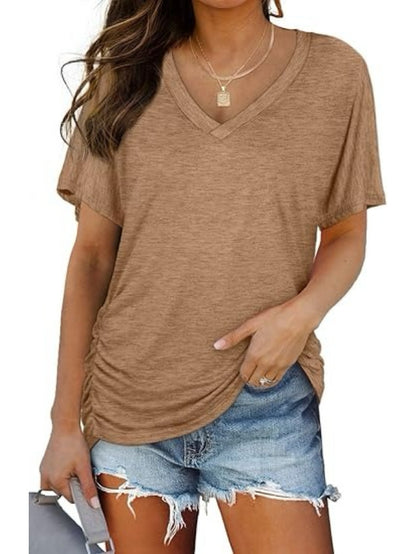 Women's Side Shirring Loose Fit V-Neck T-Shirt