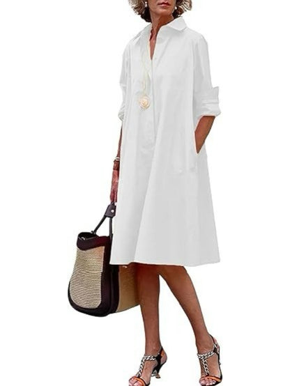 Women's Classic Button Down Shirt Dress with Pockets