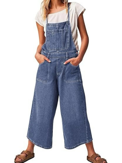 Women's Vintage Wash Denim Wide Leg Overalls