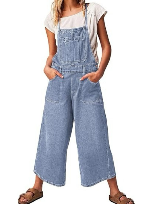 Women's Vintage Wash Denim Wide Leg Overalls