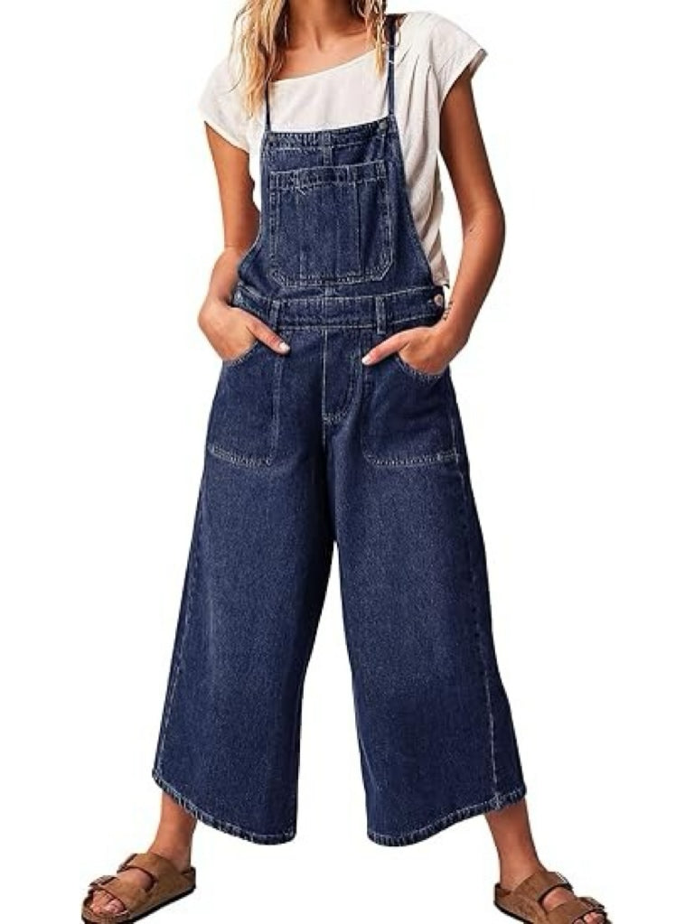 Women's Vintage Wash Denim Wide Leg Overalls