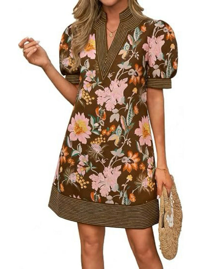 Women's Floral Stripe Trim Puff Sleeve Mini Dress