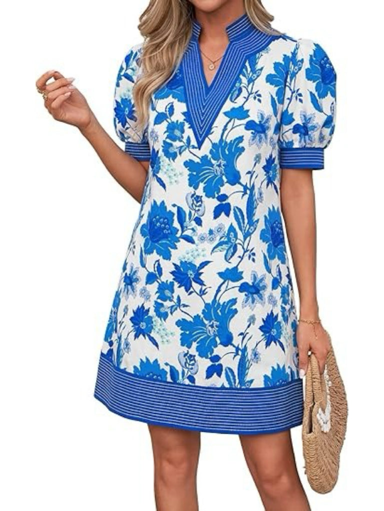 Women's Floral Stripe Trim Puff Sleeve Mini Dress