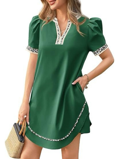 Women's Leopard Trim Puff Sleeve Mini Dress