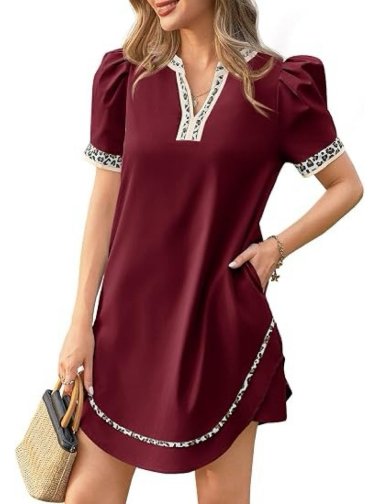Women's Leopard Trim Puff Sleeve Mini Dress