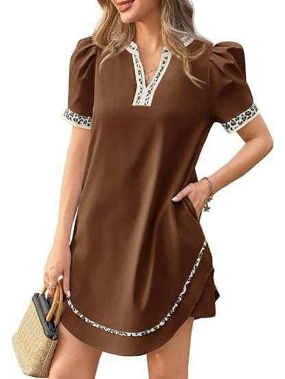 Women's Leopard Trim Puff Sleeve Mini Dress