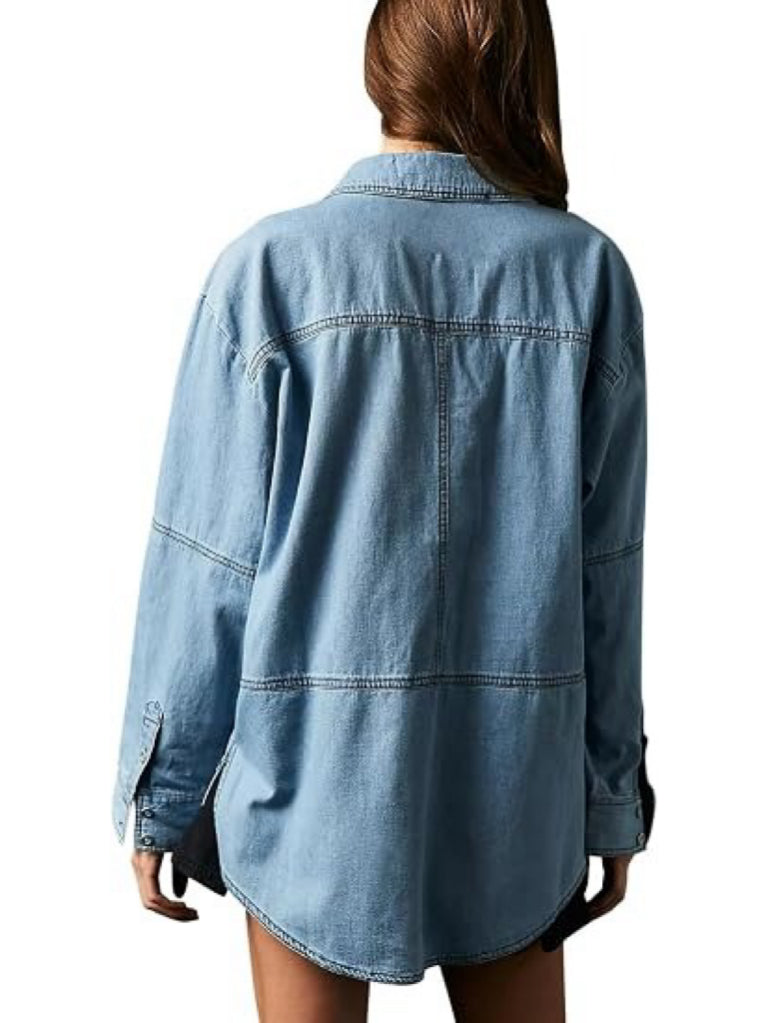 Women's Oversized Half Placket Denim Tunic Shirt