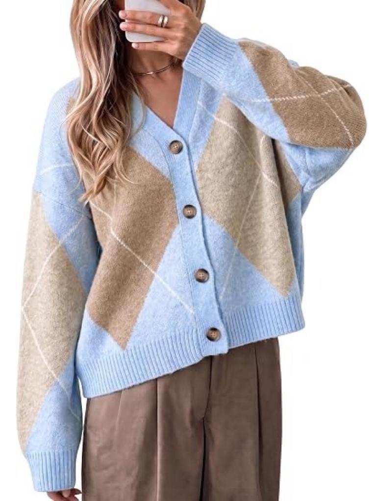 Women's Argyle Color Block V Neck Cardigan