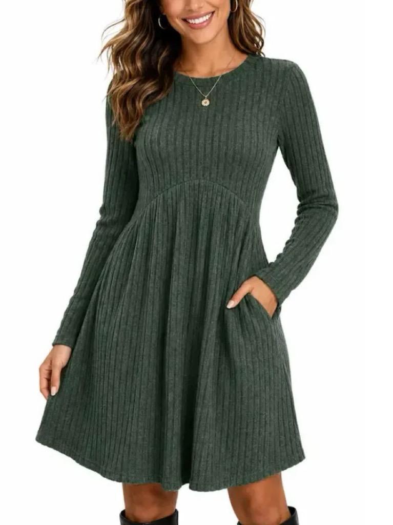 Women's Ribbed Long Sleeve Babydoll Dress