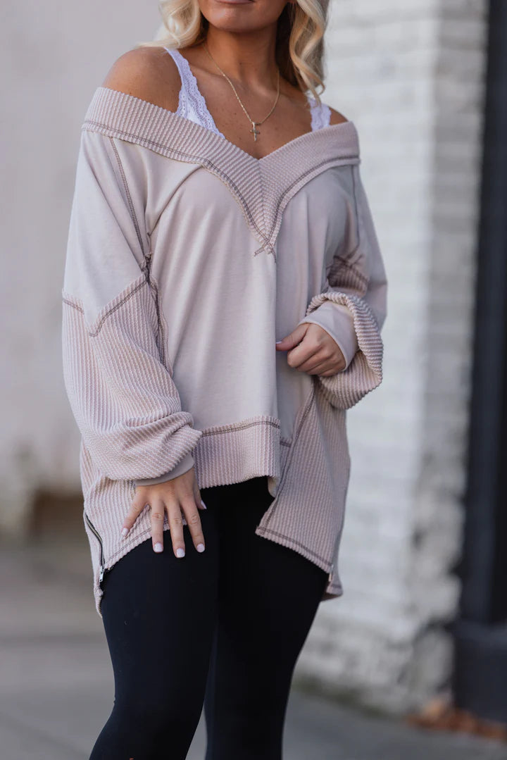 Oversized Side Zipper V-Neck Sweatshirt