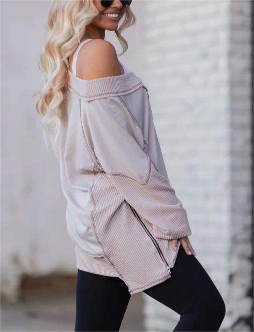 Oversized Side Zipper V-Neck Sweatshirt