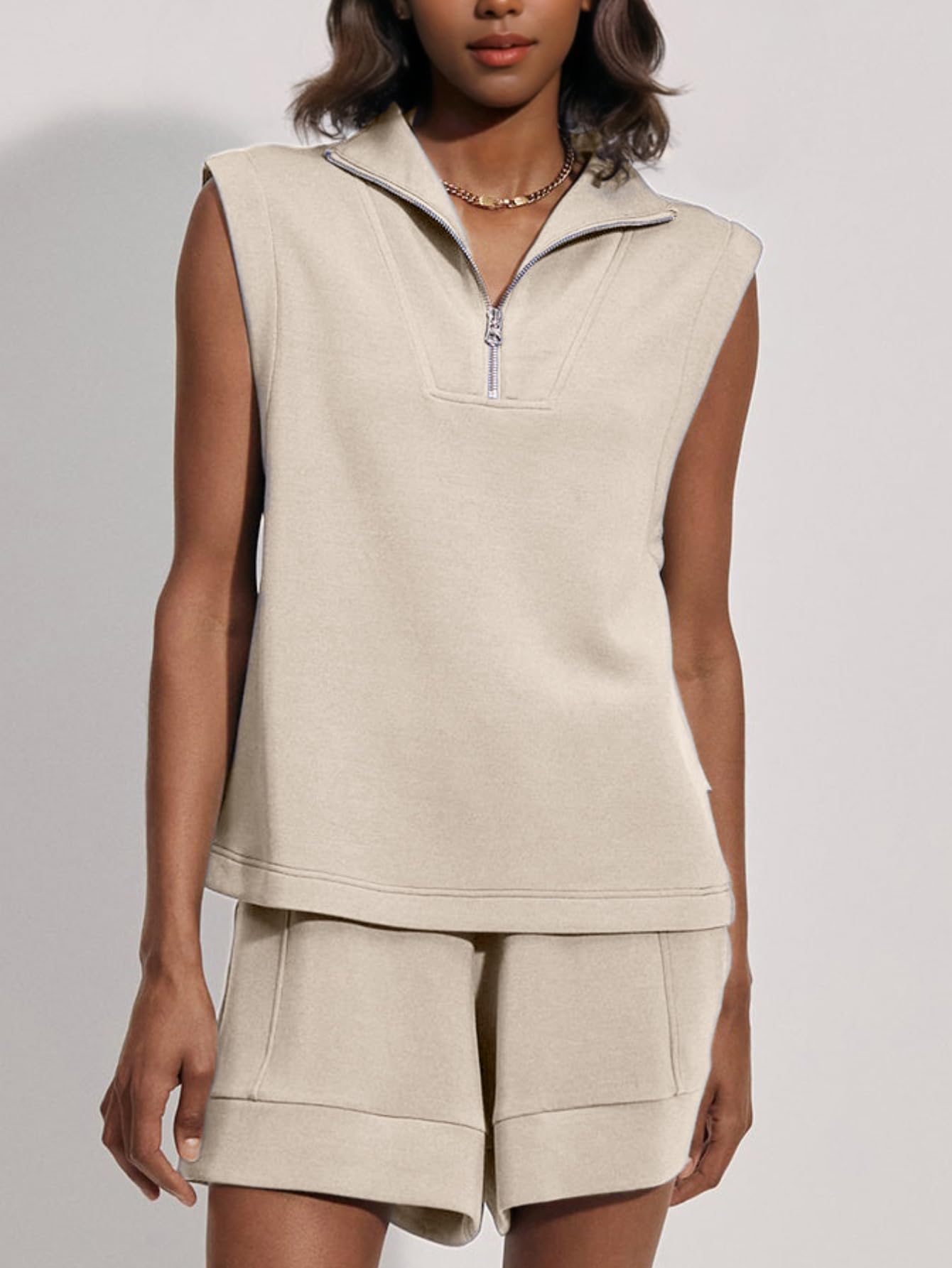 Women's Summer Half Zip Sleeveless Two-Piece Shorts Set